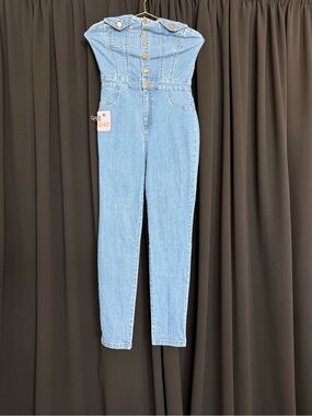 Strapless Light Blue Denim Jumpsuit with Button Front